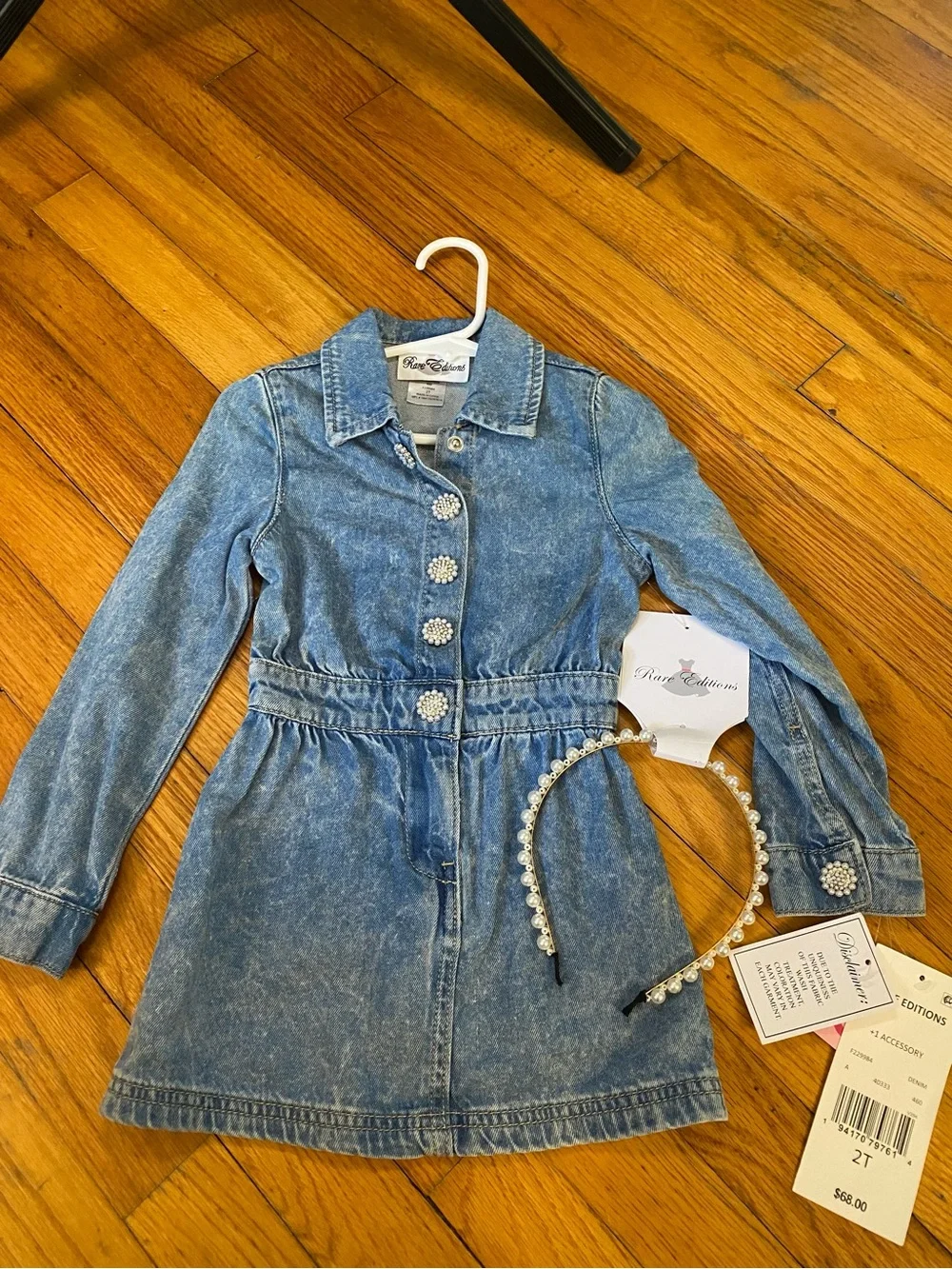 Rare Editions Light Blue Denim Dress with Crystal Buttons & Matching Headband 2T